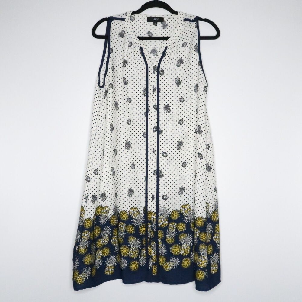 Naif Anthropologie Womens Short Dress Size Large White Blue Pineapple Vacation